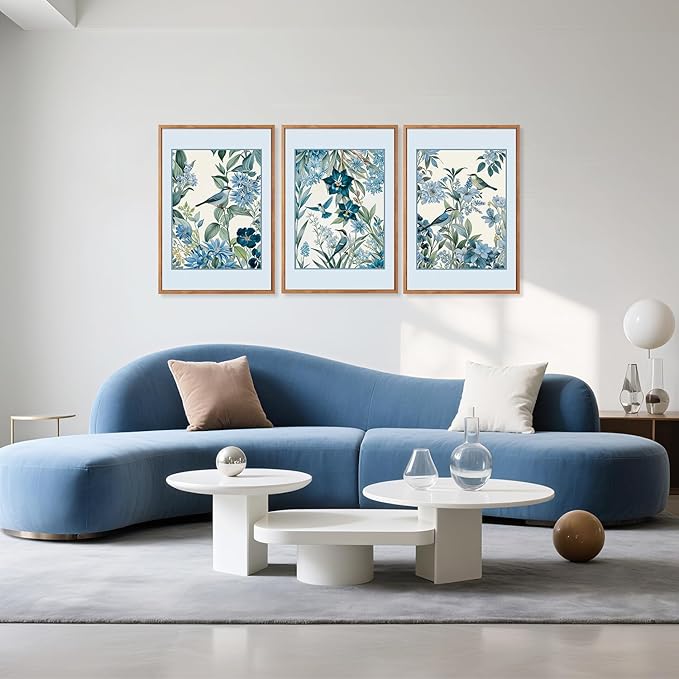 Aurlan Vintage Blue Birds and Botanical Framed Wall Art(24"x36"), 3PCS Classic Chinoiserie Audubon Bird Canvas Artwork, Large Abstract Watercolor Flowers Floral Home Decor for Bedroom Living Room-Ruum Studio Home
