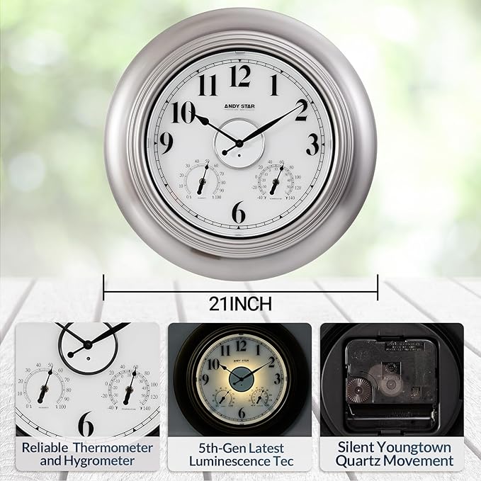 Andy Star 21 Inch Silver Illuminated Outdoor Wall Clock Waterproof with Thermometer and Hygrometer, Oversized Battery Operated Round Wall Clock, Big Silent Non Ticking Clock for Patio Pool Garden-Ruum Studio Home