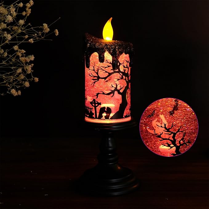 Eldnacele Halloween Snow Globe Candles Lighted Lamp, Battery Operated Spinning Water Glittering Tornado Flameless Candles Table Centerpiece for Halloween Decoration Indoor(Ghost)-Ruum Studio Home