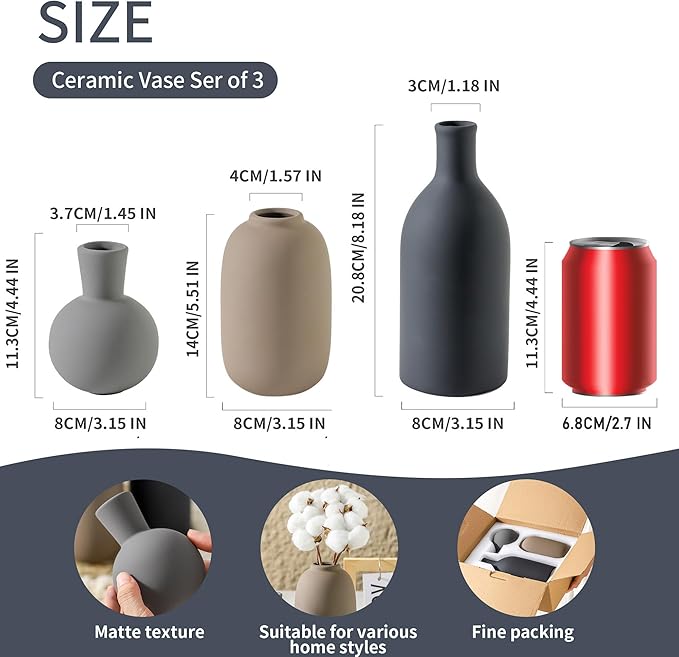 Ceramic Vase Set of 3, Rustic Farmhouse Vases Home Decor Pottery Pampas Vase Decoration Modern Neutral Flowers Vases for Room Decor, Entryway, Living Room, Table, Kitchen, Bedroom - Multicolor-Ruum Studio Home