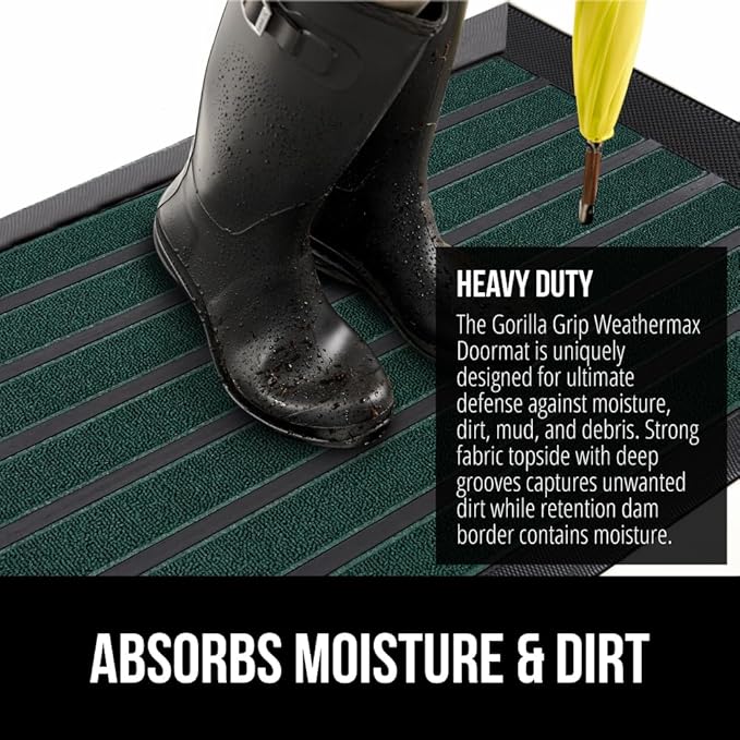 GORILLA GRIP 100% Waterproof All-Season WeatherMax Doormat US Designed Natural Rubber, Stain and Fade Resistant, Low Profile Indoor Outdoor Door Mats, Easy Clean Patio Mat, 23x35, Green Stripe-Ruum Studio Home