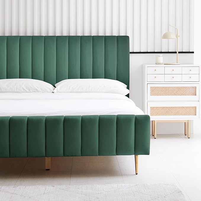 Livinia Queen Size Elton Velvet Platform Bed, Upholstered Bed Frame with Vertical Channel Tufted Headboard Footboard, Strong Wood Slats, No Box Spring Needed, Green (Queen)-Ruum Studio Home