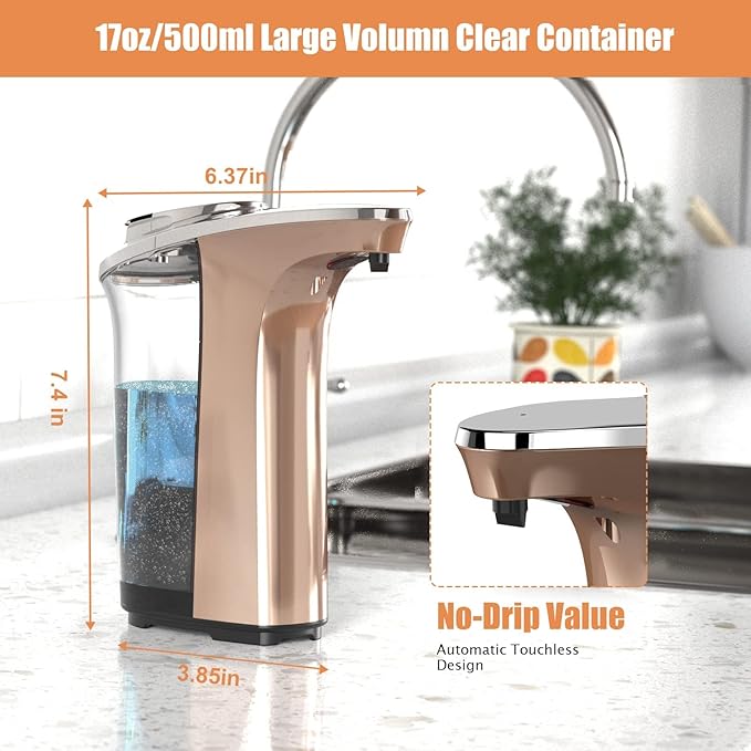 Automatic Soap Dispenser, PZOTRUF Touchless 17oz/500ml with Upgraded Infrared Sensor, 5 Adjustable Soap Dispensing Levels, Liquid Hand Soap Dispenser for Bathroom (Rose Gold)-Ruum Studio Home