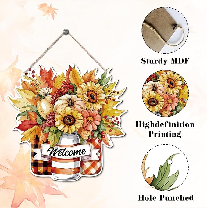 Thanksgiving Welcome Door Sign Pumpkin Hanging Decor Fall Wooden Sign Autumn Decorations, Outdoor Farmhouse Porch, Autumn Harvest Thanksgiving Home Decorations, Housewarming Gift-Ruum Studio Home