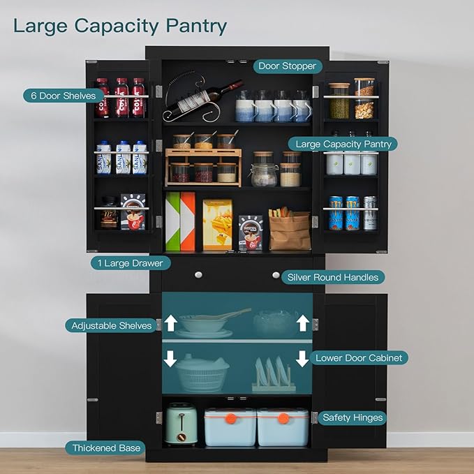 usikey 72” Kitchen Pantry Cabinet, Tall Storage Cabinet with 4 Doors and 1 Drawer, Freestanding Cupboard with 6 Hanging Shelves and Adjustable Shelves for Kitchen, Dining Room,Living Room, Black-Ruum Studio Home
