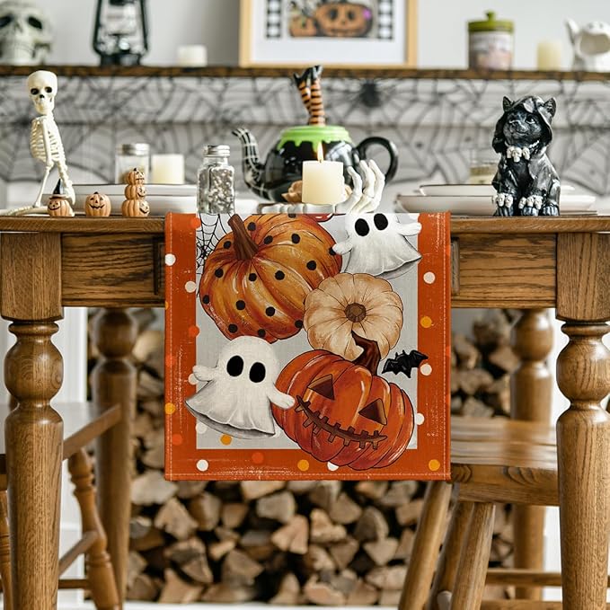 Artoid Mode Orange Jack-O'-Lantern Pumpkin Ghost Halloween Table Runner, Holiday Kitchen Dining Table Decoration for Home Party Decor 13 x 72 Inch-Ruum Studio Home