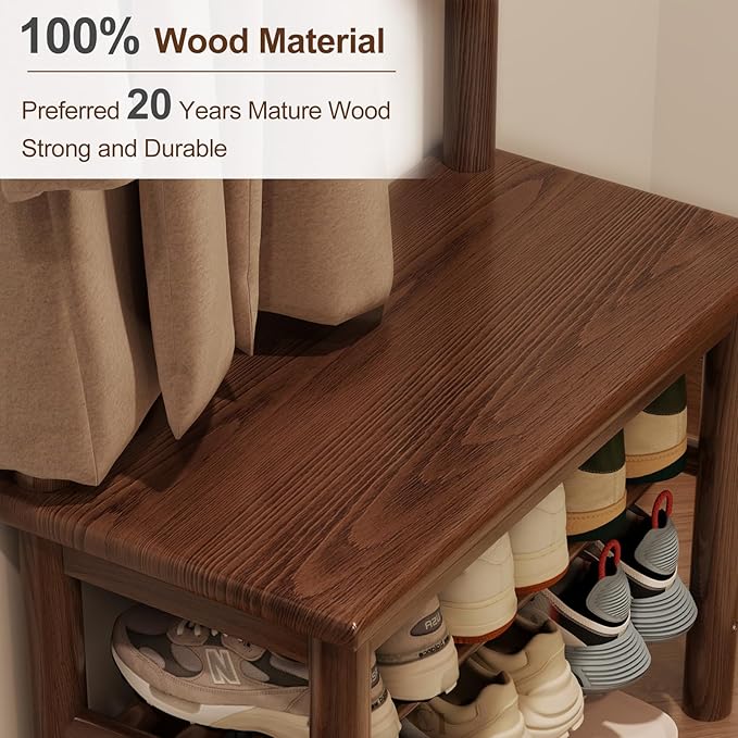 Hall Tree, Coat Rack with Shoe Storage, Wooden Hall Tree with Bench, 11 Hooks and 2-Tier Storage Shelves, Entryway Bench with Coat Rack (23.6" - Deep Walnut)-Ruum Studio Home