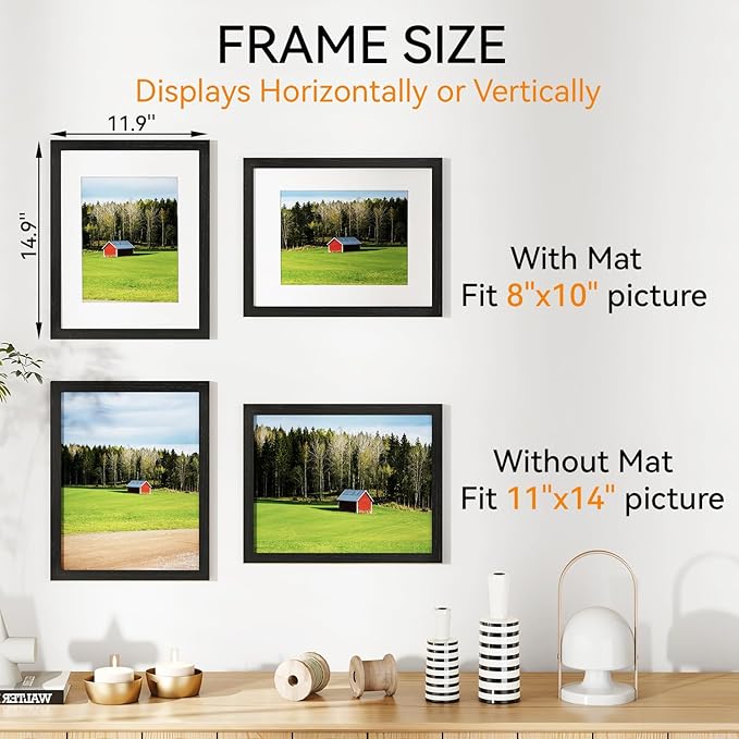IBUYKE 11 x14 Picture Frame,Set of 3,Solid Oak Wood 11x14 Photo Frame with Mat to 8x10,11x14 Picture Frames With Tempered Glass,Wall Mount Display,Home Decor,Black Oak 14 x 11 Frame,UWPF1114B-3-Ruum Studio Home