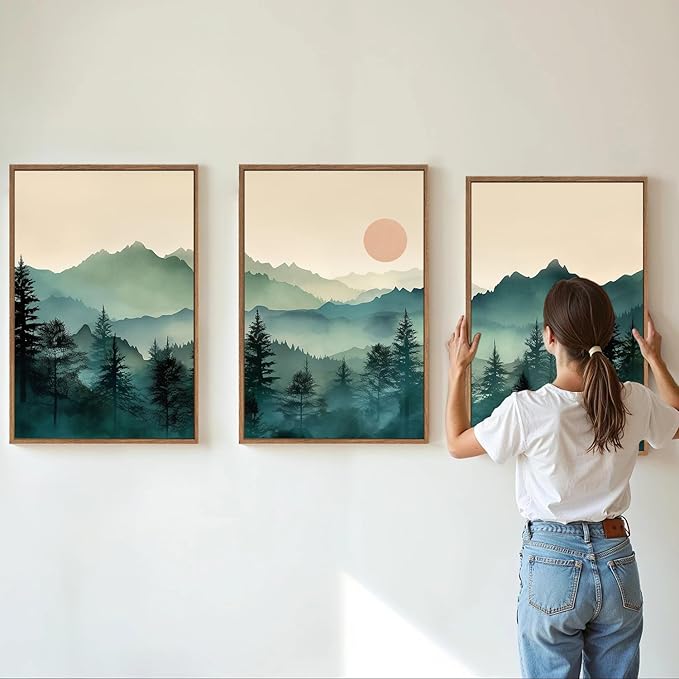 SIGNINART Large Mountain Framed Canvas Wall Art Set, Abstract Misty Forest Wall Decor, Foggy Nature Pine Tree Wall Painting, Modern Boho Sunrise Art Prints for Bedroom Living Room and Office 24"x36"x3-Ruum Studio Home