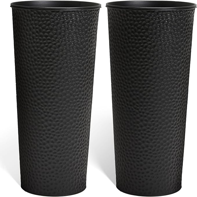 KOL 28" H. Tall Metal Cone Planters with Inside Pots 2-Pack, Black Hand-Hammered Large Decor Planter for Deck, Patio, Porch - Handcrafted Flower Pot - with Water Level Indicator - Indoor Outdoor Use-Ruum Studio Home
