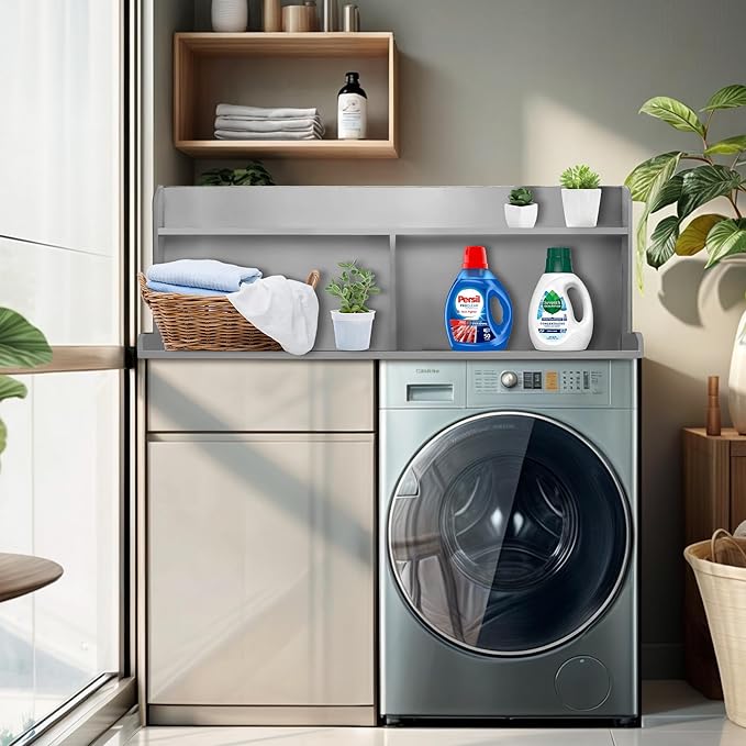 Royxen 2-Tier Washer Dryer Countertop,19.5"H Wood Washer and Dryer Topper with Storage Shelf,Laundry Countertop Over Washer Machine, Universal Fit for Laundry Room Organization (Grey,54"W X 27.5"D)-Ruum Studio Home