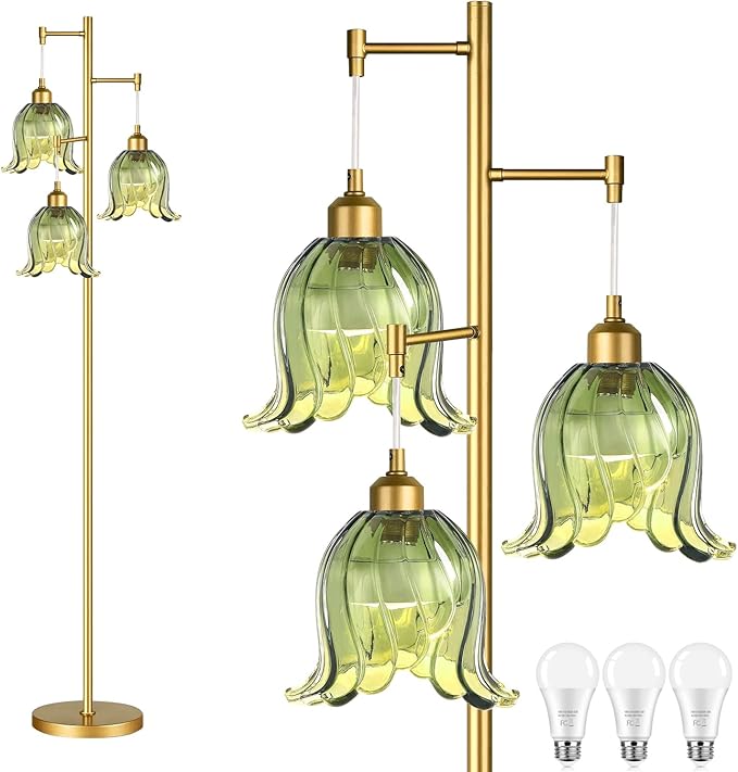 Gold Floor Lamp for Living Room,Bedroom,Tree 3 Light Standing Lamp Mid Century Modern Brass Tall Floor Lamps Vintage Retro Floor Lights Green Glass Flower Lamp Shade Farmhouse Boho Bohemian-Ruum Studio Home