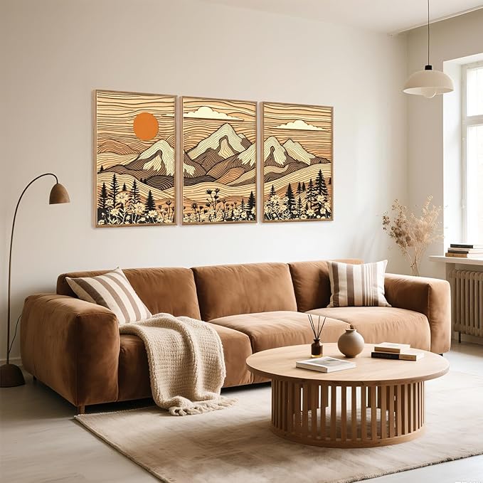 HPNIUB Mountain Framed Canvas Wall Art, Vintage Pine Tree Wall Decor, Country Wilderness Forest Wildflower Painting, Modern Nature Sun Art Prints for Living Room,Bedroom,Farmhouse- 16"x24"x3-Ruum Studio Home