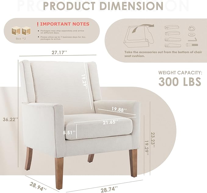 COLAMY Modern Wingback Living Room Chair Set of 2, Upholstered Fabric Accent Armchair, Single Sofa Chair with Lounge Seat and Wood Legs for Bedroom/Office/Reading Spaces, Beige-Ruum Studio Home