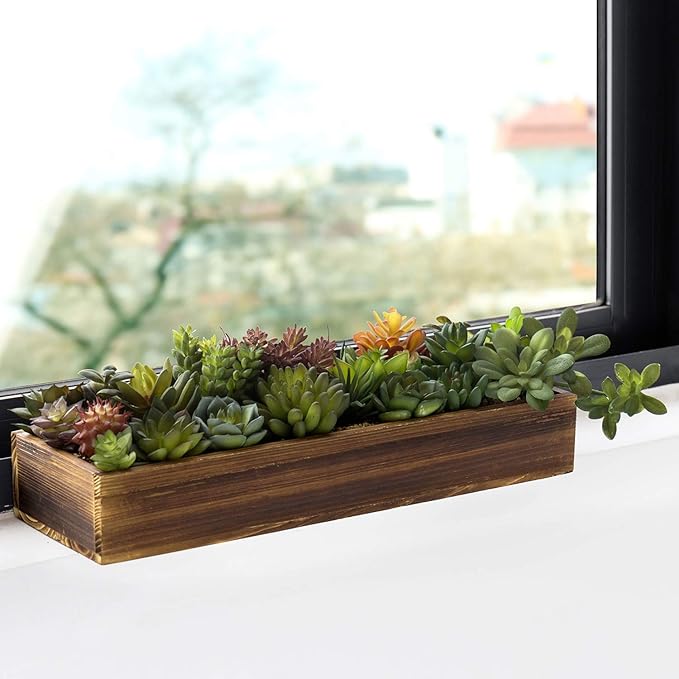 MyGift Artificial Succulent Centerpiece, 15.75 Inch Faux Succulents Arrangement Plants in Rustic Burnt Wood Rectangular Planter Box-Ruum Studio Home