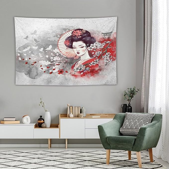 Japanese Geisha Tapestry Asian Red Cherry Blossom Traditional Kimono Folk Tapestries Home Decor for Living Room Bedroom Apartment Farmhouse Dorm 90"x60"-Ruum Studio Home