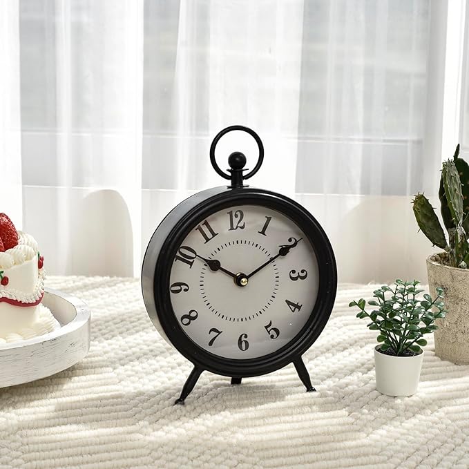 Vintage Decorative Desk and Shelf Clock, Rustic Mantel Clock Farmhouse Clock,Black Table Clock on Stand, Silent Non-Ticking 10.3 * 7.3 inch-Ruum Studio Home