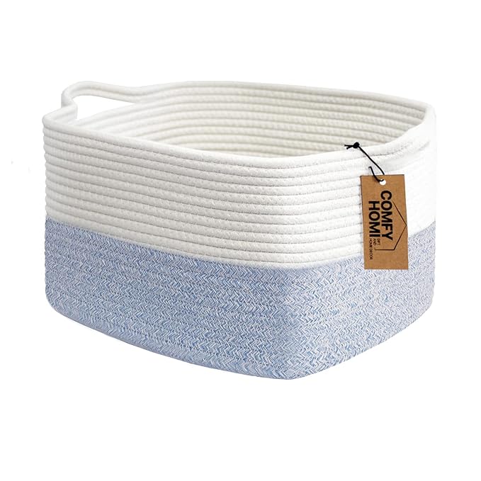 COMFY-HOMI Cotton Rope Woven Basket with Handles for shelf，Toy, Book, Cloth Storage Basket for Organizing-13.5"X11"X9.5" Storage Bin for Living Room, Newborn or Infant Gift for boy girl （White/blue）-Ruum Studio Home