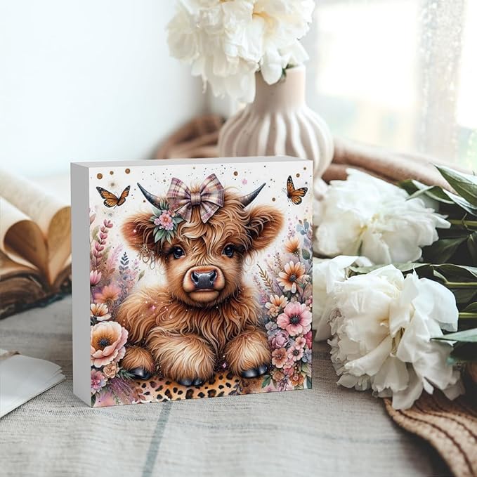 Highland Cow Baby Decor, Highland Cow Decor, Highland Cow Gifts for women, Highland Cow Nursery Decor, Gifts for Girls, Wooden Box Decor Sign for Home Farmhouse Office Living Room Table Shelf Tiered-Ruum Studio Home