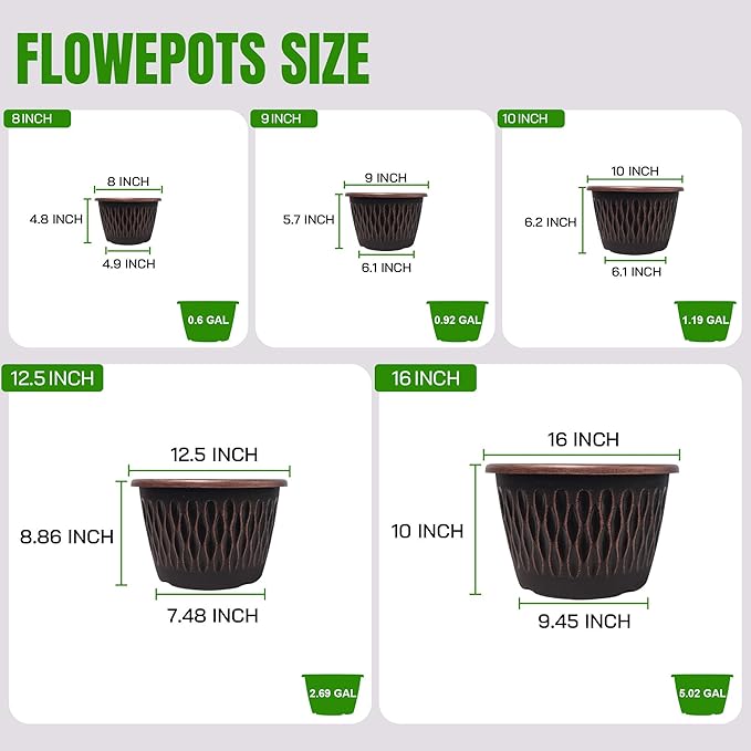 4 Pack 10 Inch Retro Plant Pots, Vintage Striped Flower Pots with Drainage Hole & Saucer, Large Plastic Planters for Indoor and Outdoor Plants, Decorative Garden Pots(Copper)-Ruum Studio Home