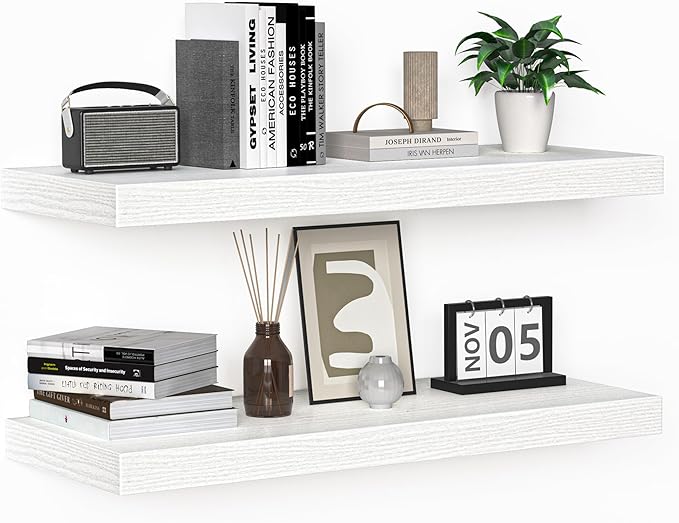 Floating Shelves - 24 Inch Rustic Wooden Wall Shelves - Extra Deeper & Thicker Wall Mounted Storage Shelf for Living Room, Kitchen, Farmhouse - 24" W x 9" D x 1.6" H - Rustic White, 2 Pack-Ruum Studio Home