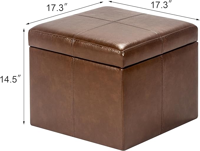 Adeco Storage Ottoman Foot Rest Stool, Leather Ottoman Footstool with Hinged Lid, 17" Small Foot Stool Bench for Living Room, Bedroom-Ruum Studio Home