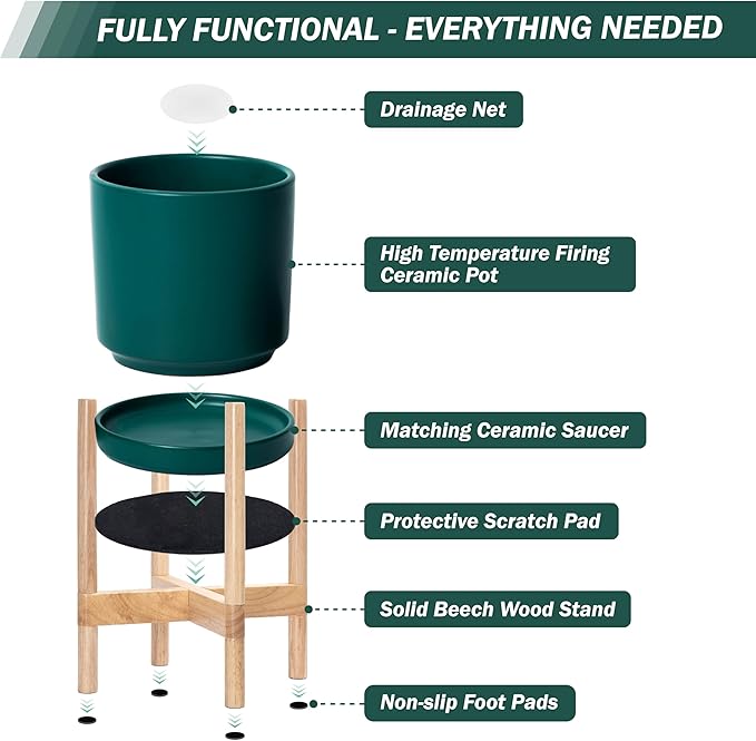 D'vine Dev Ceramic Planter with Natural Stand - 8 Inch Modern Round Flower Pot with Wood Planter Holder, Teal, 55-B-N-4-Ruum Studio Home