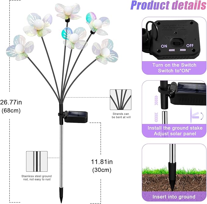 Solar Garden Lights Outdoor, New Upgraded 4-Pack Firefly Solar Lights with Iridescent Petals & Warm White Glow - Waterproof Wind-Swaying Decor for Yard, Patio-Ruum Studio Home