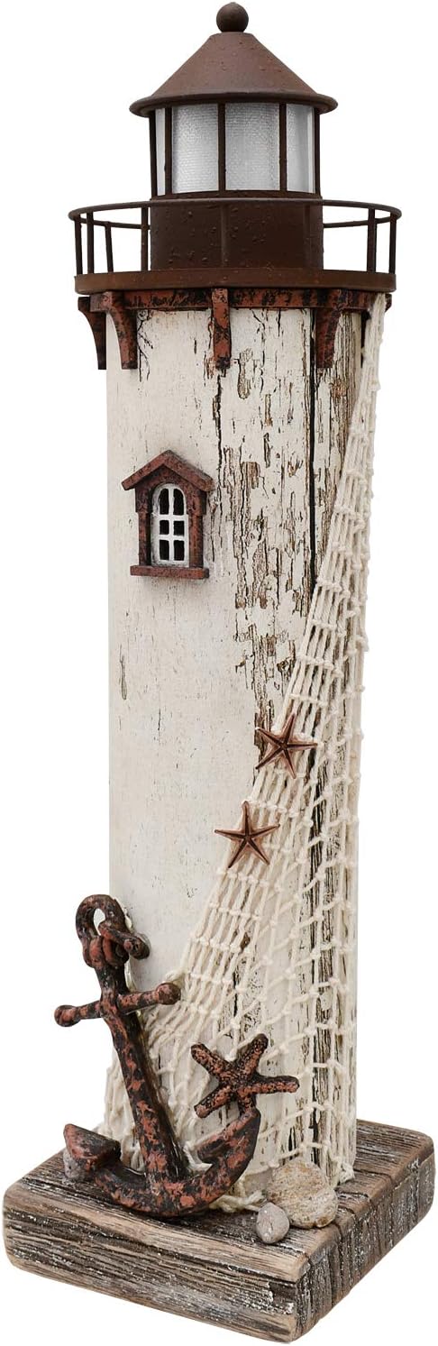 Linfevisi Wood Lighthouse Decor Rustic LED Light House Decor Wooden Decorative Nautical Lighthouse Statue Coastal Beach Themed Lighthouse Handcrafted Tabletop Decoration Home Bathroom (14.75")-Ruum Studio Home