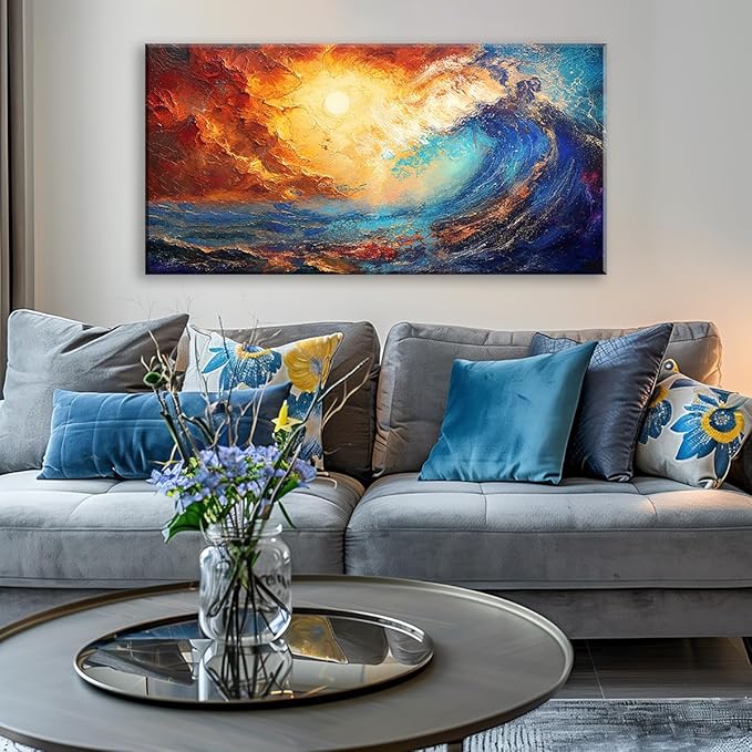 LASMOND Abstract Ocean Wall Art for Living Room Beautiful Blue Sea Wave Seawater Colorful Sky Landscape Wall Art Decor Artwork Bedroom Office (40 x 20 Inches)-Ruum Studio Home