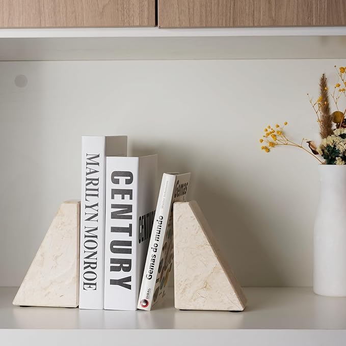 Marble Book Ends Decorative, Unique Bookends for Shelves, Bookends to Hold Heavy Books, Durable Book Holder Stopper for Home Office Desk Bookshelf Decoration, Turkey Natural Marble, Set of 2-Ruum Studio Home