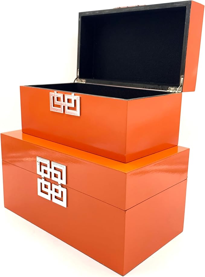 Galt International Storage Boxes - Large & Small Decorative Storage Box w/Hinged Lid - Classic Design Wood Decor Boxes with Geometric Opening Clasp - Home & Office Storage - Set of 2 (Orange)-Ruum Studio Home