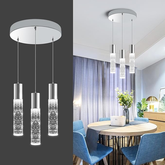 OKELI Dimmable LED 3-Light Pendant Light for Kitchen Island, 18W 1350LM Modern Bubble Crystal Island Light Fixture,6000K, Electro-Chrome, Easy Installation, Round-Ruum Studio Home