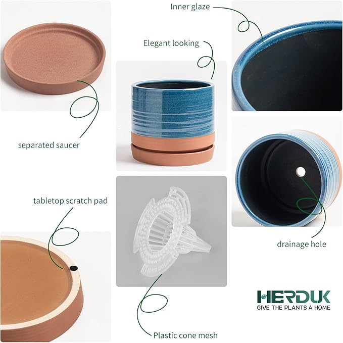 8 Inch Pots for Plants, Ceramic Planter Pot with Drainage Hole & Saucer, Indoor/Outdoor Cylinder Round Planter Pot, Blue & Terracotta-Ruum Studio Home