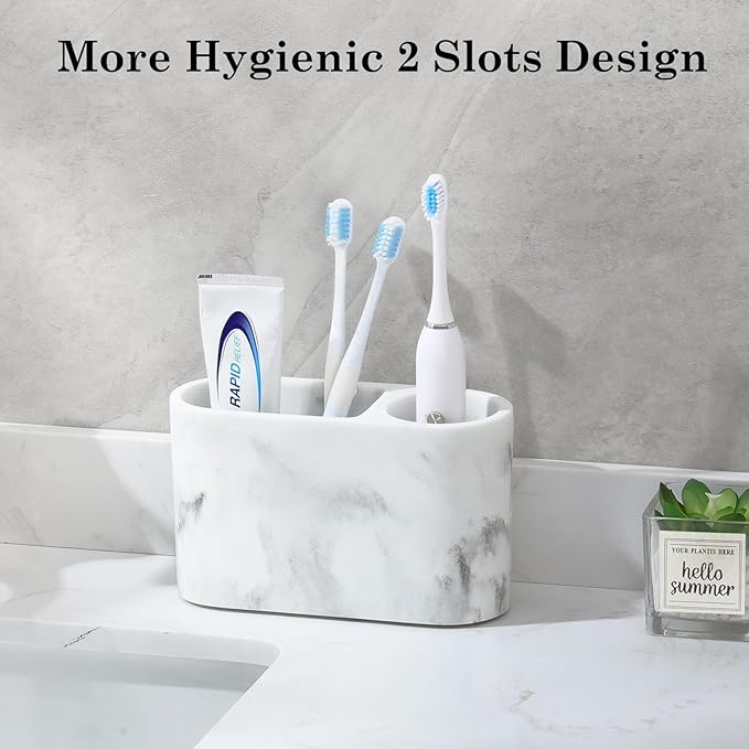 Luxspire Toothbrush Holder, 2 Slots Toothbrush and Toothpaste Holdersfor Bathrooms, Resin Toothbrush Holder Electric Toothbrush Stand for Vanity Countertop, Bathroom Accessories, Gravel White-Ruum Studio Home