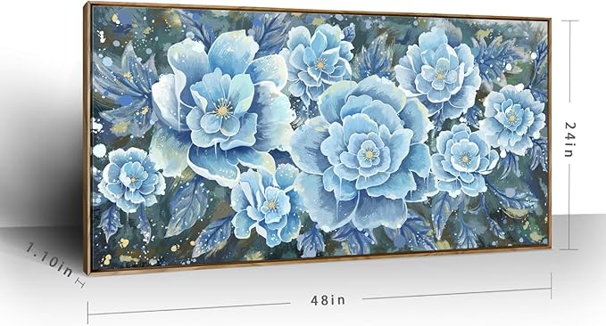 Large Blue Wall Art Decor Modern Framed Wall Picture for Living Room Bedroom Office Decor Floral Canvas Art Prints Botanical Wall Picture Abstract Peony Flower Horizontal Artwork Ready to Hang 48x24-Ruum Studio Home