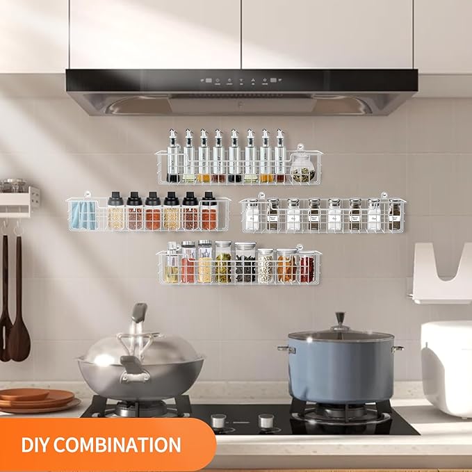 Spice Rack Wall Mount, 4-Pack Seasoning Organizer for Kitchen Storage Organization, Spice Holder Shelf Saving Space for Cabinet, RV, Pantry, Silver-Ruum Studio Home