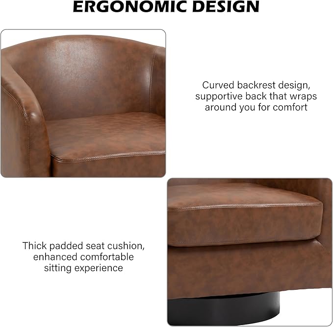 Swivel Barrel Accent Chair, Modern Round Faux Leather Arm Chair for Living Room, Bedroom, Comfy Club Reading Chairs for Adults(Faux Leather, Coffee, Set of 1)-Ruum Studio Home