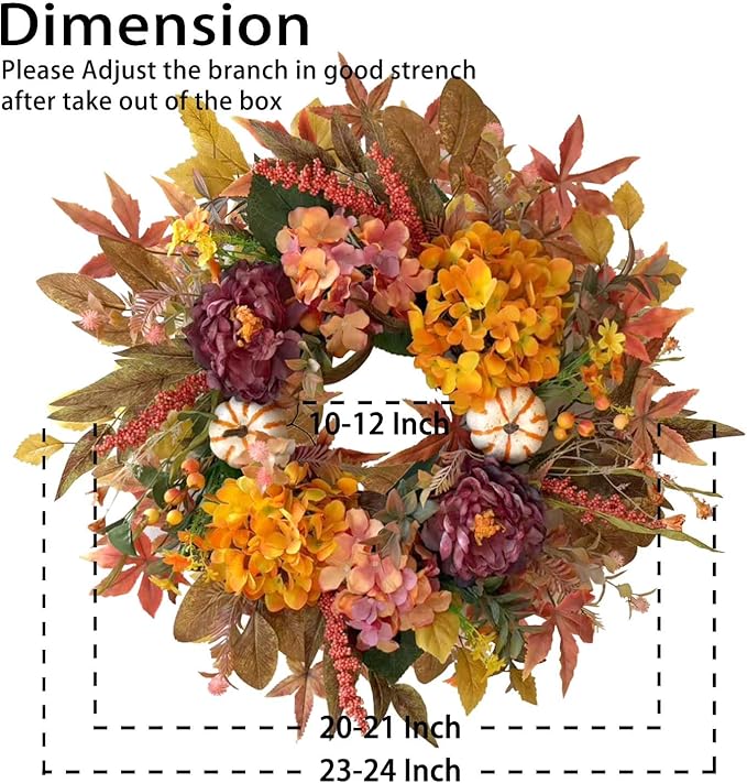WANNA-CUL 24 Inch Fall Wreaths for Front Door with Hydrangea,Peony and White Pumpkins-Fall Decorations for Home, Fall Door Wreath Decor for Autumn,Harvest, Halloween or Thanksgiving-Ruum Studio Home