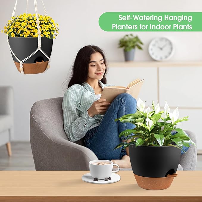 Hanging Planters for Indoor Outdoor Plants, 2 Pack Self Watering Hanging Pot with Drainage Holes, Removable Tray & 2 Kinds of Plant Hangers, 10'' Hanging Flower Pots for Home Garden Decor, Black-Ruum Studio Home