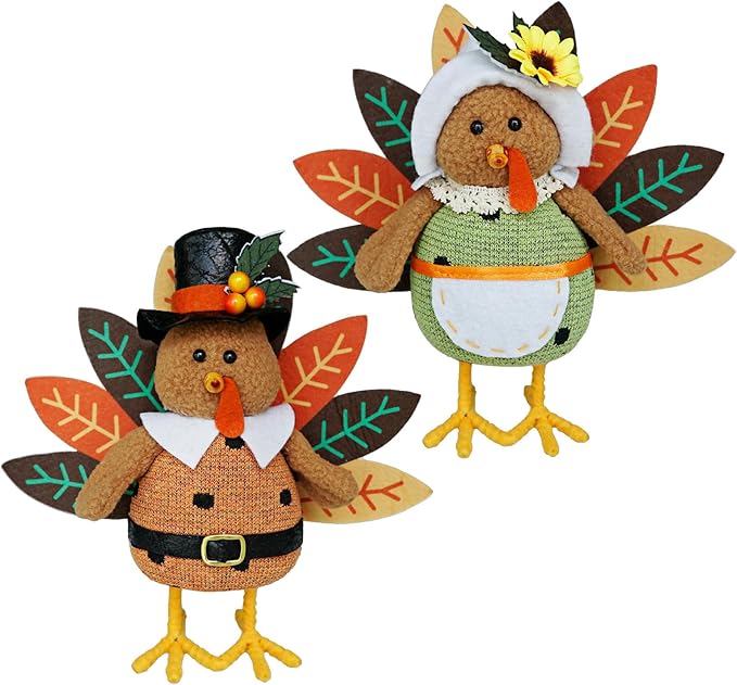 CRCZK Thanksgiving Turkey Decoration Fall Harvest Tabletop Decor Standing turkey with Dangling Legs, 2 Pack Plush Stuffed Turkeys Shelf Figurine Gift for Autumn Fall Harvest Halloween Home Decorations-Ruum Studio Home