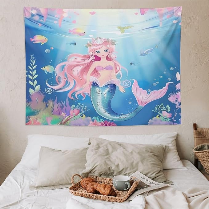 HZOHNAGO Mermaid Girls Tapestry Watercolor Mermaid Princess Pattern Printed Wall Tapestry Wall Hanging for Bedroom Living Room Dorm 80" W x 60" H-Ruum Studio Home