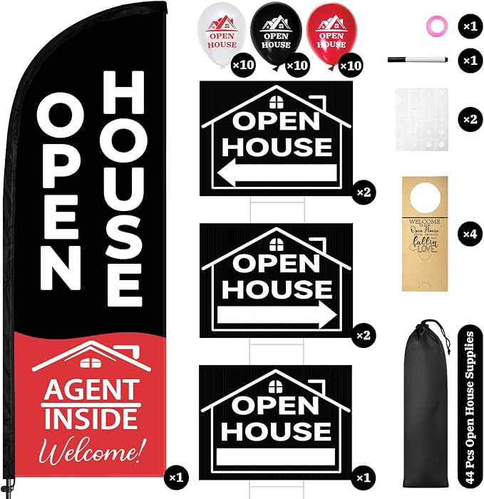44 Pcs Open House Signs for Real Estate, Double Sided Open House Flag Kit, 7.6 x 5.4 Ft Black Banner Flag Poles Set for Outside, Directional Arrows Sign Stakes Balloons for Open House Supplies-Ruum Studio Home
