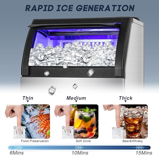 Commercial Ice Maker Machine 150LBS/24H with 50LBS Storage Bin, Stainless Steel Undercounter/Freestanding Ice Maker Machine for Home Bar Outdoor, 55PCS Ice Cubes Ice Machine, Self Cleaning-Ruum Studio Home