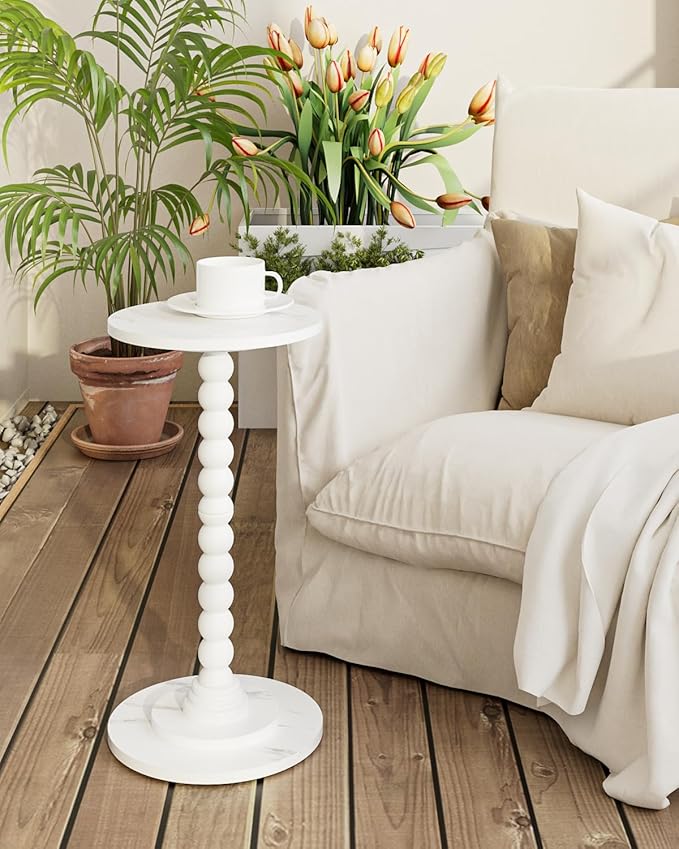 Masupu Round Side Table, Small Drink Table for Small Spaces, Pedestal End Table with Solid Wood Leg for Living Room, Bedroom, Corners(Marble White)-Ruum Studio Home