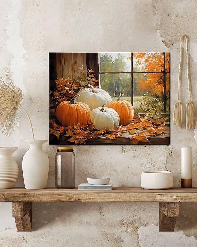 Vintage Pumpkin Window Fall Wall Art Decor, Farmhouse Barn Canvas Print with Autumn Harvest Theme, Framed Thanksgiving Decorations for Country Home, Ready to Hang-Ruum Studio Home
