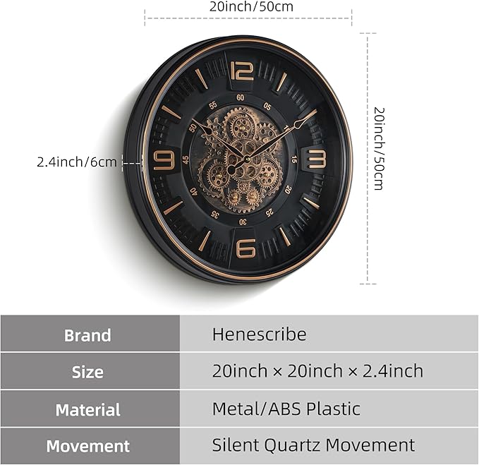 20in Large Real Moving Gears Wall Clock for Living Room, Battery Operated Wall Clocks Decorative Vintage, Home Office Clock, Gift for Family, Friends-Ruum Studio Home
