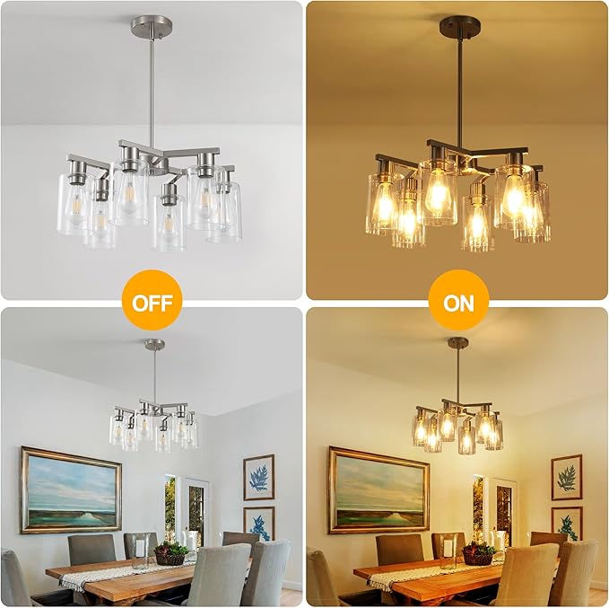 6-Light Farmhouse Brushed Nickel Chandelier,Modern Chandeliers for Dining Room Light Fixture Over Table,Adjustable Hanging Industrial Rustic Pendant Lights Kitchen Island Light with Clear Glass Shade-Ruum Studio Home