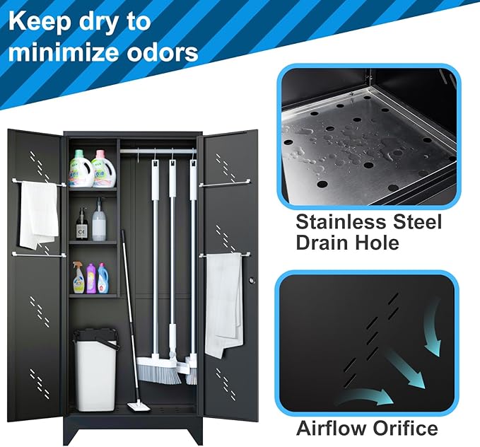75" Metal Storage Cabinet, Tool Cabinets with Hooks, Garage Storage Cabinet with Lock, Heavy-Duty Tool Cabinet for Utility Room, Gym, Basement, Broom Closet Cabinet, Black-Ruum Studio Home