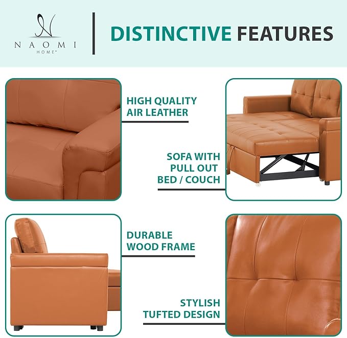 Naomi Home L-Shaped Reversible Sectional Sofa with Pull-Out Sleeper Bed and Storage Chaise, Caramel Air Leather-Ruum Studio Home